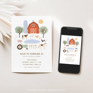 May include: A printable invitation for a farm-themed birthday party. The invitation features a red barn, a silo, a tractor, a horse, a cow, a pig, a rooster, and a pond. The text on the invitation reads "Allie is turning 5!" and includes the date, time, and location of the party.