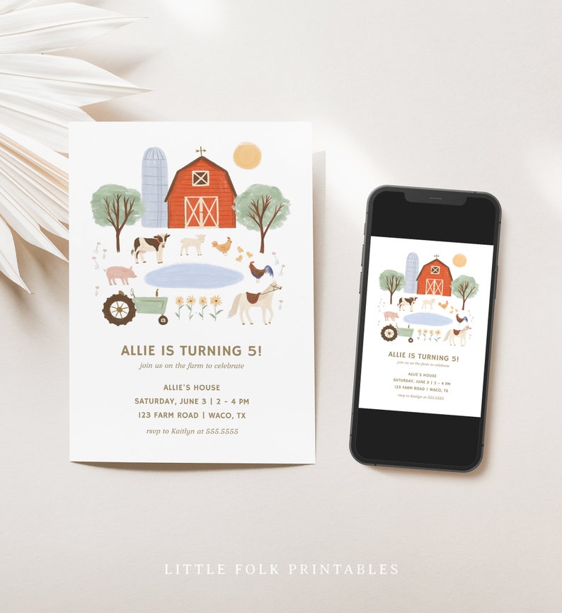May include: A printable invitation for a farm-themed birthday party. The invitation features a red barn, a silo, a tractor, a horse, a cow, a pig, a rooster, and a pond. The text on the invitation reads "Allie is turning 5!" and includes the date, time, and location of the party.
