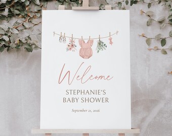 Boho flicka babykläder babyshower välkomstskylt, rosa vildblomma tvättlina babyshower välkomstskylt mall, digital nedladdning