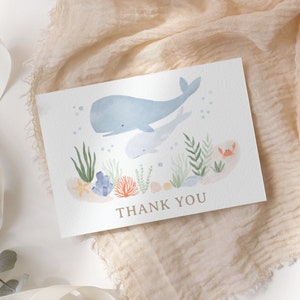 Plantilla de tarjeta de agradecimiento editable bajo el mar Baby Shower, tarjeta de agradecimiento doblada imprimible, DESCARGA DIGITAL