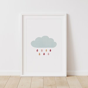 Puede incluir: Una impresi&oacute;n enmarcada de una nube azul claro con gotas de lluvia de color rosa claro, rojo y naranja que caen.