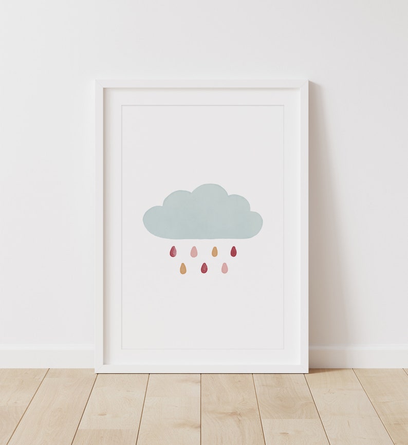 Puede incluir: Una impresi&oacute;n enmarcada de una nube azul claro con gotas de lluvia de color rosa claro, rojo y naranja que caen.