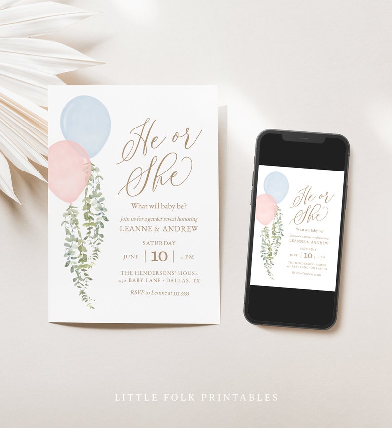 Balloon Eucalyptus Gender Reveal Invitation Template, Printable Watercolor Balloon Gender Reveal Invite, DIGITAL DOWNLOAD imagem 2