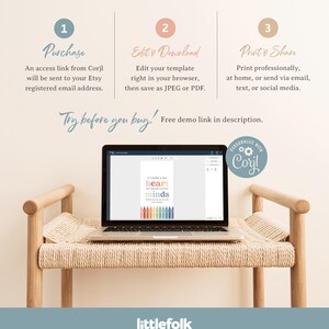 May include: A laptop computer displaying a printable design for a teacher appreciation card. The design features a rainbow of crayons and the text "It takes a big heart to teach little minds". The design is from littlefolk printables and can be personalized with Corjl.