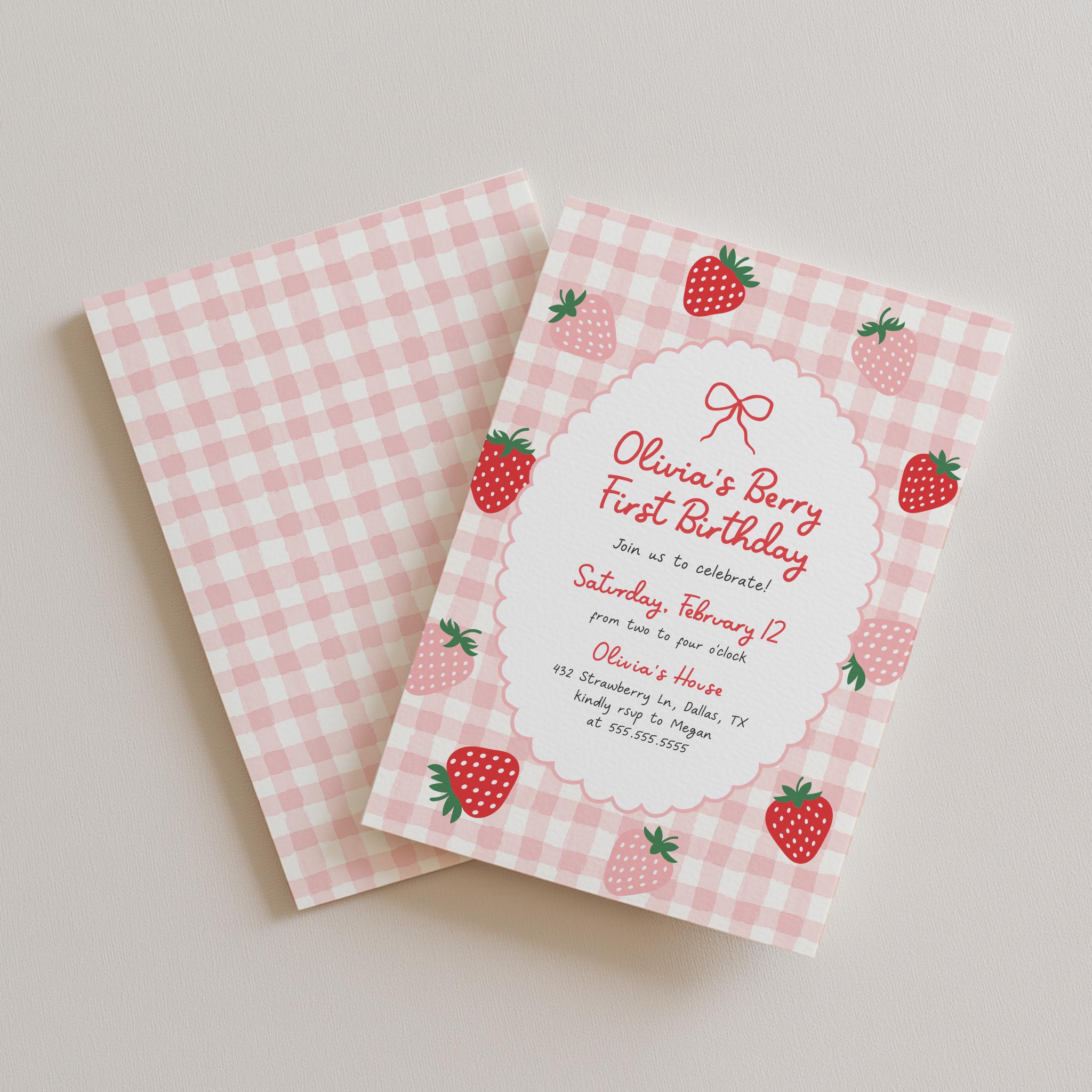 Strawberry 1st Birthday Invitation Template, Editable Pink Gingham Girl ...