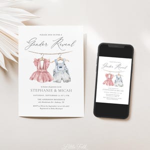 May include: A gender reveal party invitation with a watercolor illustration of two baby outfits hanging on a clothesline. The text reads "Please join us for a Gender Reveal" and includes the names Stephanie & Micah, the date and time of the event, the location, and RSVP information.