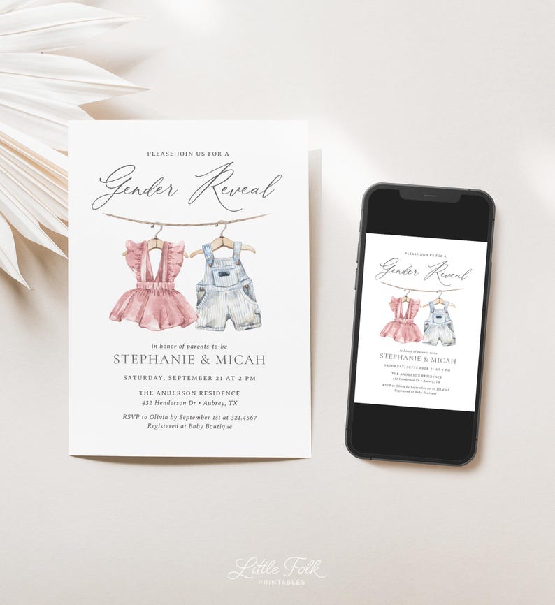 May include: A gender reveal party invitation with a watercolor illustration of two baby outfits hanging on a clothesline. The text reads "Please join us for a Gender Reveal" and includes the names Stephanie & Micah, the date and time of the event, the location, and RSVP information.