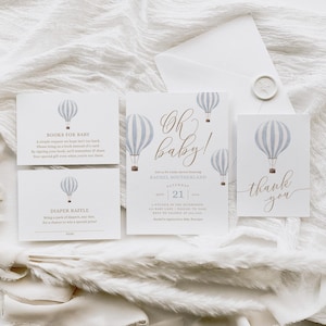 Blauwe luchtballon babyshower uitnodigingsset, reizen babyshower uitnodigen, boeken voor babyluier loterij ticket Oh Baby Instant Download