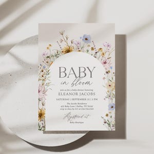 Invitation de baby shower de bébé en fleurs de fleurs sauvages, modèle d'invitation de baby shower de printemps, aquarelle florale imprimable, téléchargement numérique