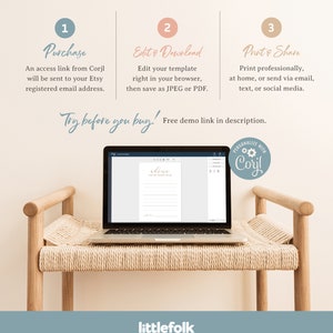 Peut inclure: Un ordinateur portable affichant un mod&egrave;le Corjl pour une carte de conseils imprimable. Le mod&egrave;le est ouvert dans un navigateur Web et affiche un fond gris clair avec le mot "conseils" &eacute;crit en cursive. L'ordinateur portable est pos&eacute; sur un banc en bois avec un si&egrave;ge en osier. L'image comprend &eacute;galement du texte qui dit "Essayez avant d'acheter ! Lien de d&eacute;monstration gratuit dans la description." et "Personnaliser avec Corjl".
