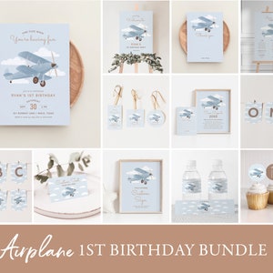 Airplane 1st Birthday Invitation Bundle, Printable Travel Kids Birthday Decorations, Editable Party Template, DIGITAL DOWNLOAD