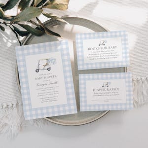 Golf babyshower uitnodiging set, bewerkbare blauwe pastel jongen babyshower uitnodiging, boeken voor baby luier loterij ticketsjabloon, golfkar
