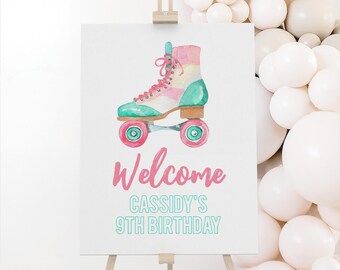 Bewerkbare sjabloon voor rolschaatsen verjaardag welkomstbord, afdrukbare retro rolschaatsen verjaardag welkomstbord, digitale DOWNLOAD