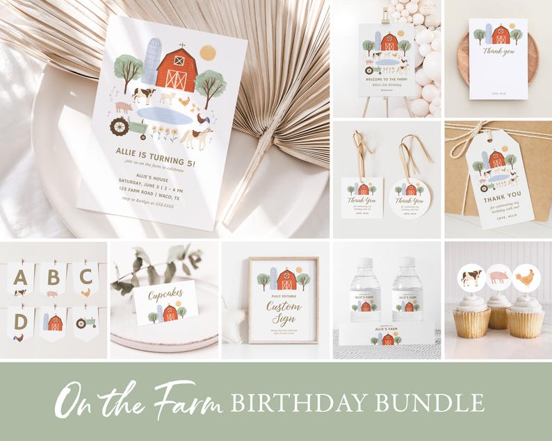 May include: A printable birthday party bundle with a farm theme. The bundle includes invitations, thank you cards, cupcake toppers, water bottle labels, favor tags, and a custom sign. The design features a red barn, green trees, and farm animals.