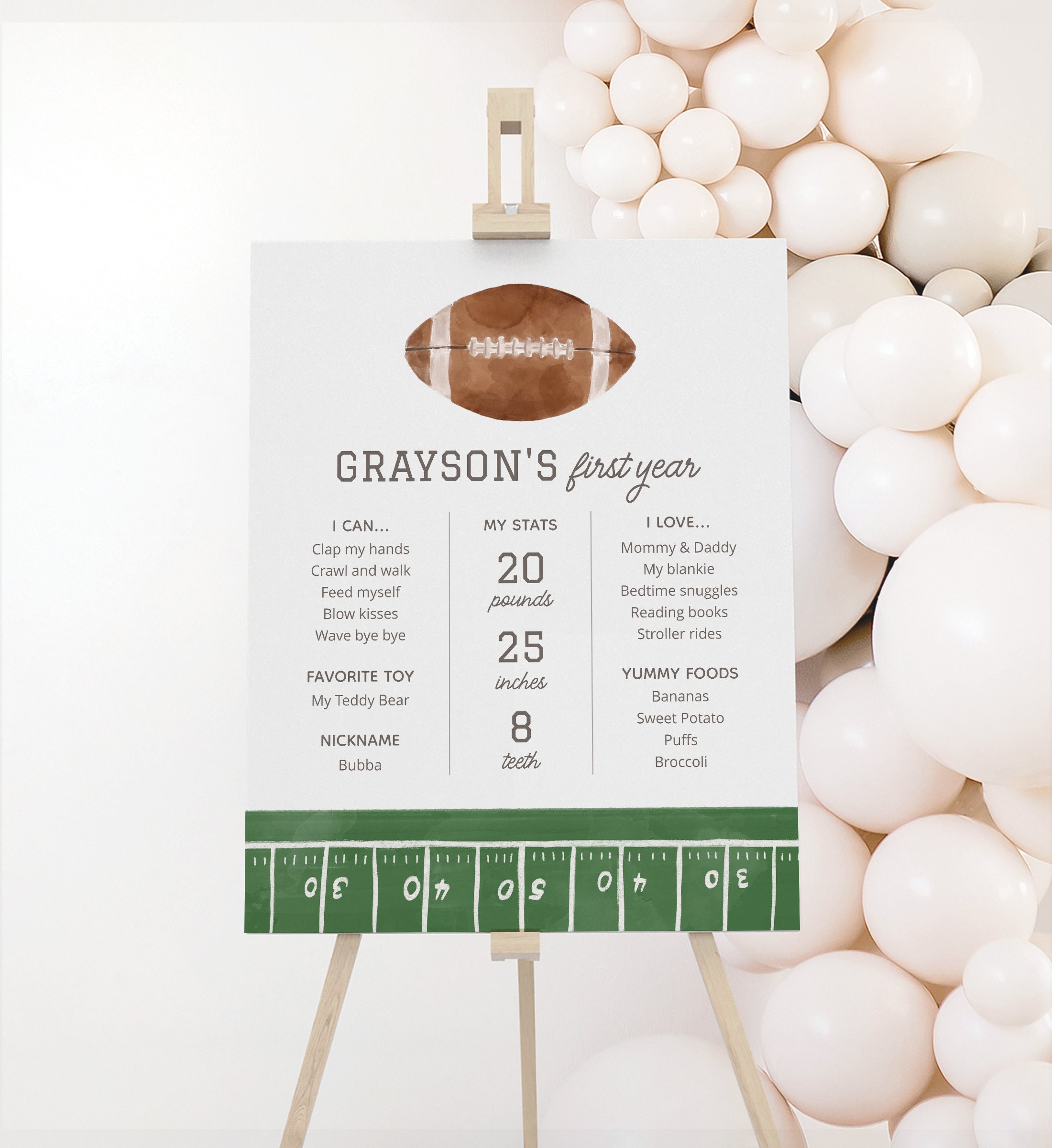 Editable Football 1st Birthday Milestone Sign, Printable Football Birthday Party First Second Year Stats Template, DIGITAL DOWNLOAD