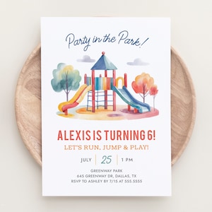 May include: A colorful invitation for a birthday party in the park. The invitation features a watercolor illustration of a playground with a slide, a climbing frame, and trees. The text on the invitation reads "Party in the Park!" and "Alexis is turning 6! Let's run, jump & play!" The date and time of the party are listed as "July 25, 1 PM". The location is listed as "Greenway Park, 645 Greenway Dr, Dallas, TX". The RSVP information is listed as "RSVP to Ashley by 7/15 at 555.5555".