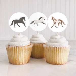 May include: Three cupcakes with white frosting topped with round paper circles featuring different horse illustrations. The horses are black, white with black spots, and brown with white spots.