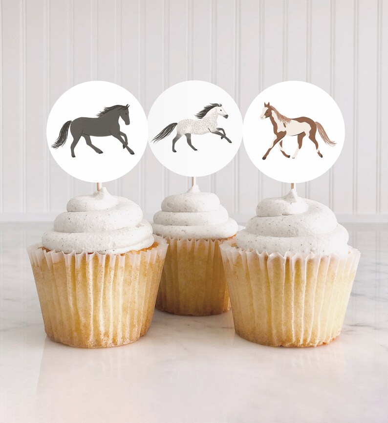 May include: Three cupcakes with white frosting topped with round paper circles featuring different horse illustrations. The horses are black, white with black spots, and brown with white spots.