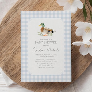 Invito per baby shower a forma di anatra, modello di invito per baby shower a forma di anatra germano reale a quadretti blu, invito per la caccia all'anatra, DOWNLOAD DIGITALE