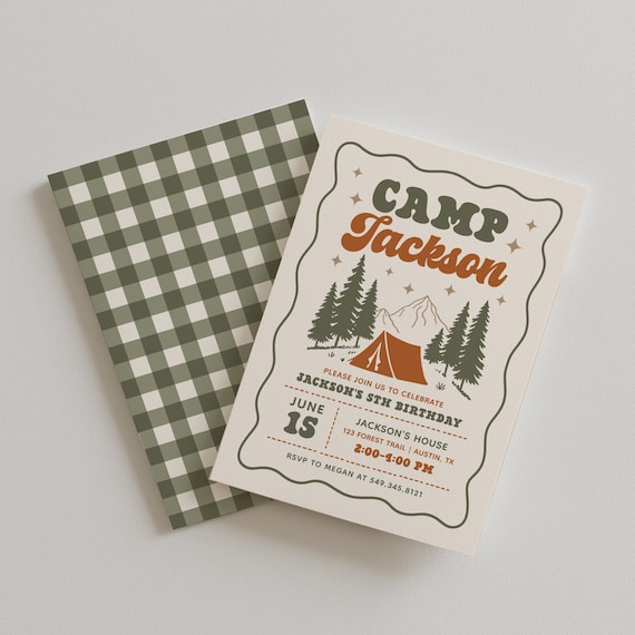 Camping Birthday Invitation Template, Retro Woodland Camp Birthday Invite (Digital Download)