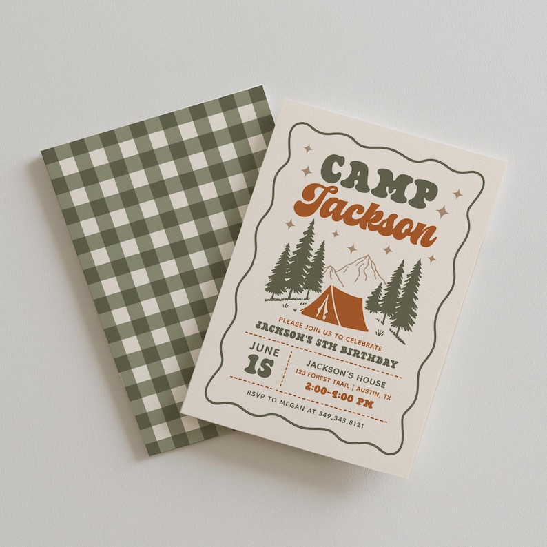 May include: A rectangular birthday invitation card featuring a camping theme with a tent, pine trees, and mountains. The text reads CAMP Jackson, PLEASE JOIN US TO CELEBRATE JACKSON'S 5TH BIRTHDAY, JUNE 15, 2:00-4:00 PM, and RSVP TO MEGAN AT 549.345.8121.