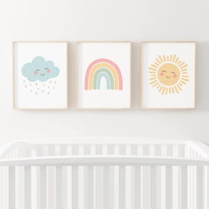 Pastel Rainbow Wall Art Set of 3 Prints, Sun Rainbow Cloud, PRINTABLE Wall Art, Girl Nursery Decor, Kids Room Decor, DIGITAL DOWNLOAD