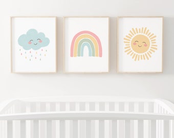 Pastel Rainbow Wall Art Set of 3 Prints, Sun Rainbow Cloud, PRINTABLE Wall Art, Girl Nursery Decor, Kids Room Decor, DIGITAL DOWNLOAD