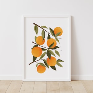 Orange Botanical Print, Botanical Citrus Wall Art, Farmhouse Kitchen Decor, Gouache Orange Branch Illustration