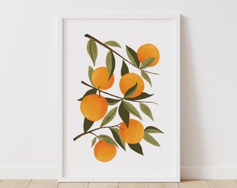 Orange Botanical Print, Botanical Citrus Wall Art, Farmhouse Kitchen Decor, Gouache Orange Branch Illustration