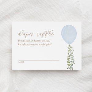 Modello di biglietto della lotteria per pannolini con palloncino blu, inserto per carta della lotteria per pannolini per baby shower con palloncino acquerello, modello stampabile, DOWNLOAD DIGITALE