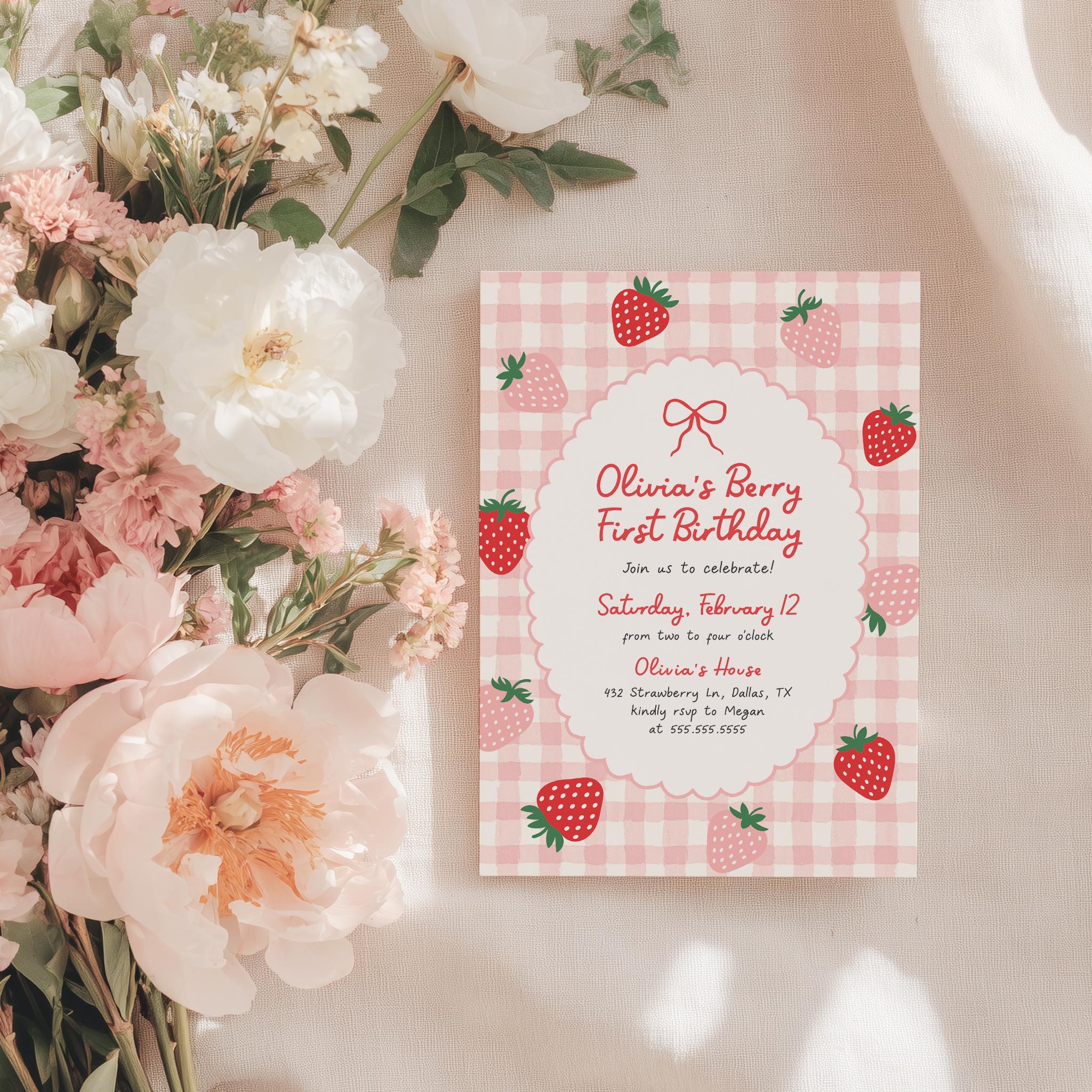 Strawberry 1st Birthday Invitation Template, Editable Pink Gingham Girl ...