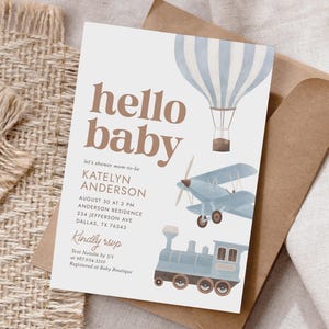 Mall för babyshowerinbjudan för resor, babyshowerinbjudan för vintageflygplan, babyshowerinbjudan för pojke, digital nedladdning för luftballongtåg bild 3