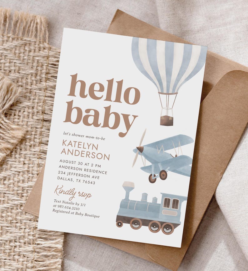 Mall för babyshowerinbjudan för resor, babyshowerinbjudan för vintageflygplan, babyshowerinbjudan för pojke, digital nedladdning för luftballongtåg bild 3