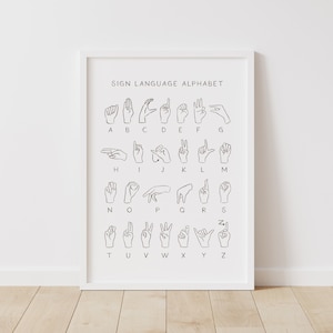 May include: A black and white printable poster with the American Sign Language alphabet. Each letter is represented by a hand gesture.