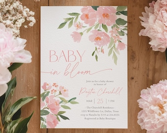 Baby in Bloom Shower Invitation, Editable Pink Floral Wildflower Baby Brunch Invite Template