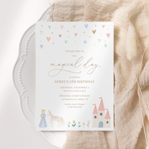 May include: A pink and blue invitation with gold lettering for a 5th birthday party. The invitation features a princess, a unicorn, and a castle. The text reads "Please join us for a magical day to celebrate Avery's 5th Birthday. Saturday, November 3 from two to four o'clock. Princess Avery's House 432 Rainbow Ln | Dallas, TX kindly rsvp to Megan at 987.654.3210"