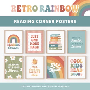 May include: A collection of eight framed posters with a retro rainbow theme. The posters feature phrases like "Reading Corner," "Just One More Page," and "Cool Kids Read Books." The color palette includes pastel shades and a vintage aesthetic.