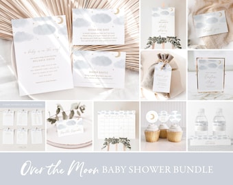 Over the Moon Baby Shower Invitation Bundle, Printable Moon and Stars Baby Shower Decorations and Games, Editable Template, DIGITAL DOWNLOAD