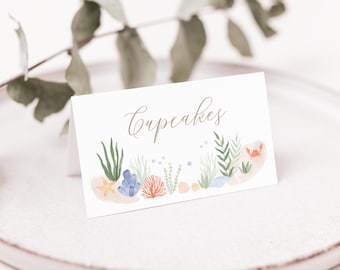 Editable Under the Sea Baby Shower Place Card Template, Printable Watercolor Ocean Baby Shower Tent Card, DIGITAL DOWNLOAD