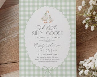 Modello di invito per baby shower "Silly Goose", invito per baby shower "Oca a quadretti verde salvia", download digitale per baby shower "Madre Goose"