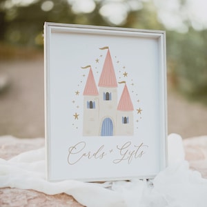 Placa de cartões e presentes de aniversário de princesa, placa de mesa para festa de aniversário de menina do castelo da princesa para impressão, DOWNLOAD DIGITAL