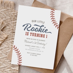 Baseball 1st Birthday Invitation, Our Little Rookie Birthday Party Invite, Editable Boy Baseball Birthday Invitation Template