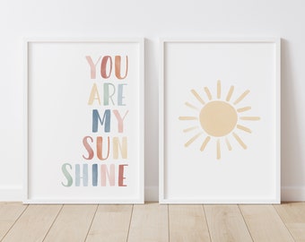 You Are My Sunshine Set of 2 Prints, PRINTABLE Rainbow Wall Art, Girls Room Decor, Kids Room Decor, DIGITAL DOWNLOAD