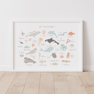Póster con el alfabeto de la playa, arte de pared con el alfabeto de animales para imprimir, decoración de guardería de playa, decoración de habitación de niños, arte de pared de guardería, descarga digital
