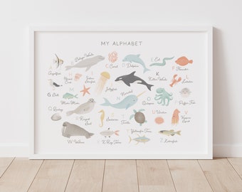 Beach Alphabet Poster, PRINTABLE Animal Alphabet Wall Art, Beach Nursery Decor, Kids Room Decor, Nursery Wall Art, Digital Download