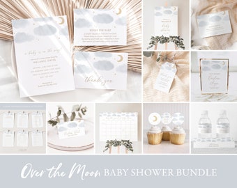 Over the Moon Baby Shower Invitation Bundle, Printable Moon and Stars Baby Shower Decorations and Games, Editable Template, DIGITAL DOWNLOAD