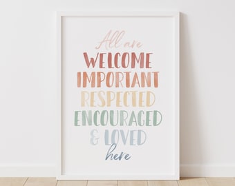 Impresión "Todos son bienvenidos aquí", decoración de aula con arcoíris, póster sobre diversidad, arte de pared para niños IMPRIMIBLE, DESCARGA DIGITAL