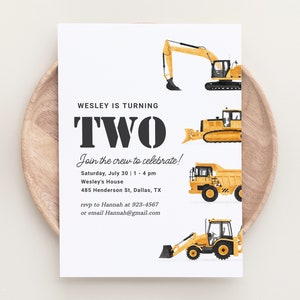 Construction Vehicles 2nd Birthday Invitation, Construction Site Birthday Party Invite, Dump Truck Excavator Bulldozer Birthday