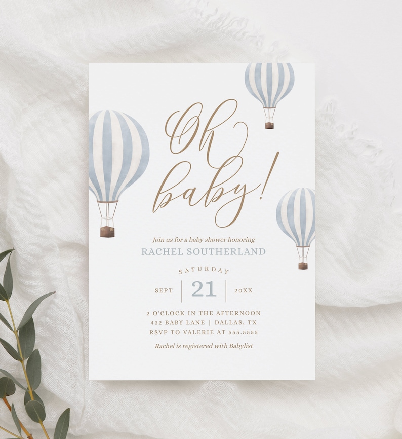 Blue Hot Air Balloon Baby Shower Invitation, Boy Baby Shower Invite, Oh Baby Printable Invitation Template, DIGITAL DOWNLOAD image 4