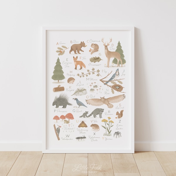 Woodland Alphabet Poster, Woodland Alphabet Print, Woodland ABCs Wall Art, Woodland Nursery Decor, Kids Room Decor, DIGITAL DOWNLOAD